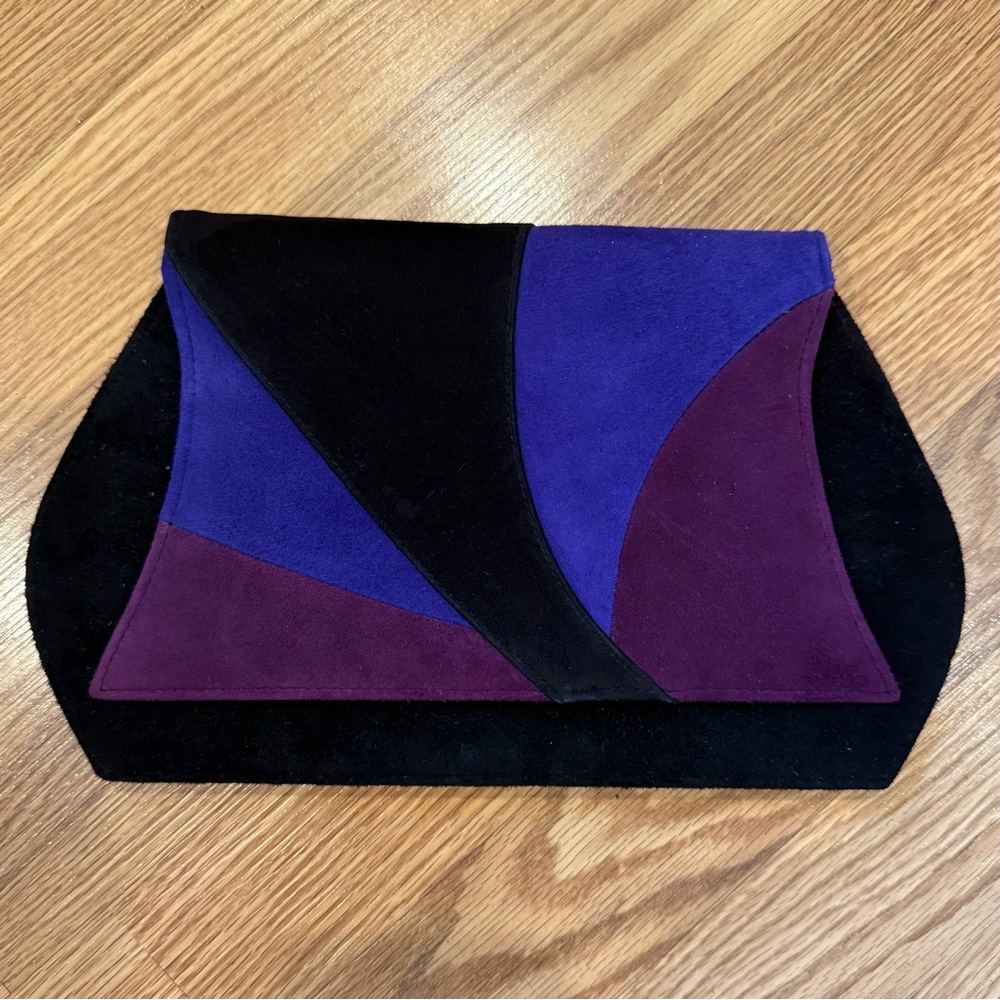 Vintage Andrew Geller Boutique Suede Colorblock Clutch Handbag Black Purple Plum